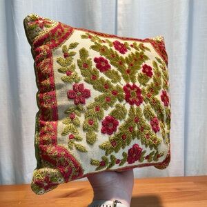 Antique French Louis XIV Style Tapestry Cut Floral Design Pillow 11' x 11" Green